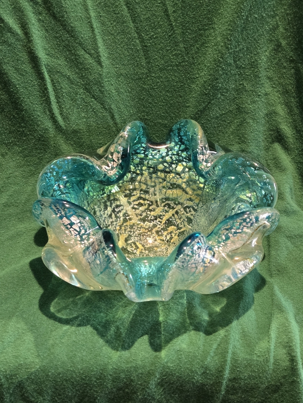 Murano Art Glass Decorative Bowl in Turquoise and Gold Vintage